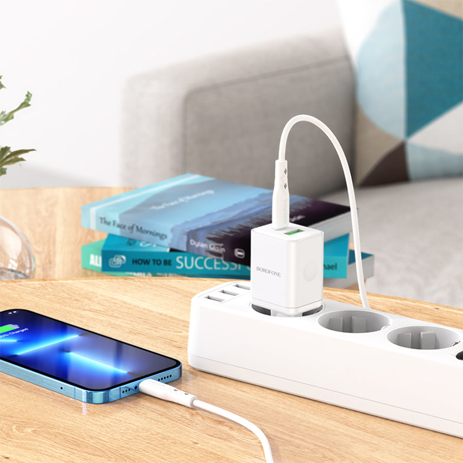 Punjač za mrežu sa Lightning kablom Borofone BN7, 20W, 3A, 1 x USB-A - 1 x USB-C, Beli