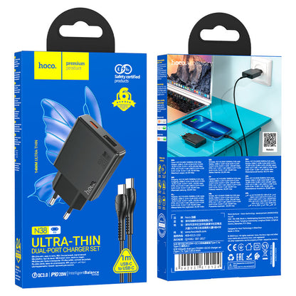 Punjač za mrežu sa Lightning kablom HOCO N38, 20W, 3A, 1 x USB-A - 1 x USB-C, Crni