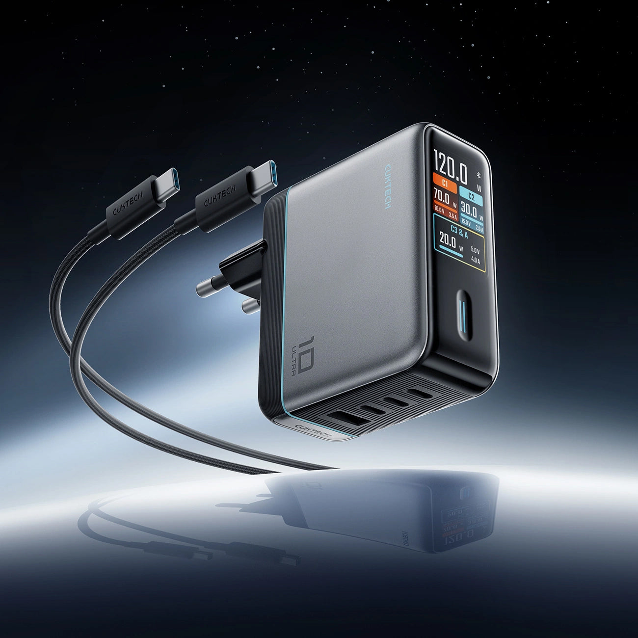Punjač za mrežu sa USB-C kablom Cuktech AD1204U Display, 120W, 6A, 1 x USB-A - 2 x USB-C, Srebrni