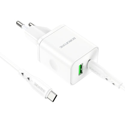 Punjač za mrežu sa USB-C kablom Borofone BN7, 20W, 3A, 1 x USB-A - 1 x USB-C, Beli