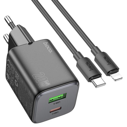 Punjač za mrežu sa Lightning kablom HOCO N41, 20W, 3A, 1 x USB-A - 1 x USB-C, Crni