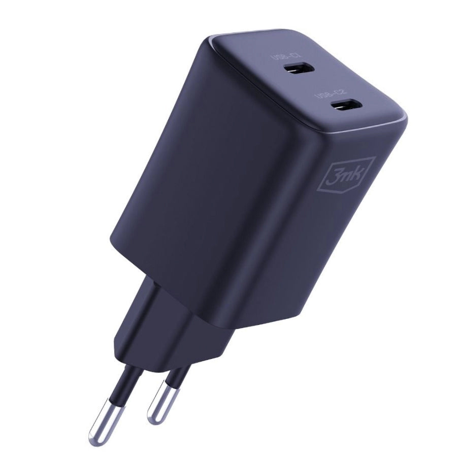 Punjač za mrežu sa USB-C kablom 3MK HyperCharger, 45W, 3A, 2 x USB-C, Crni