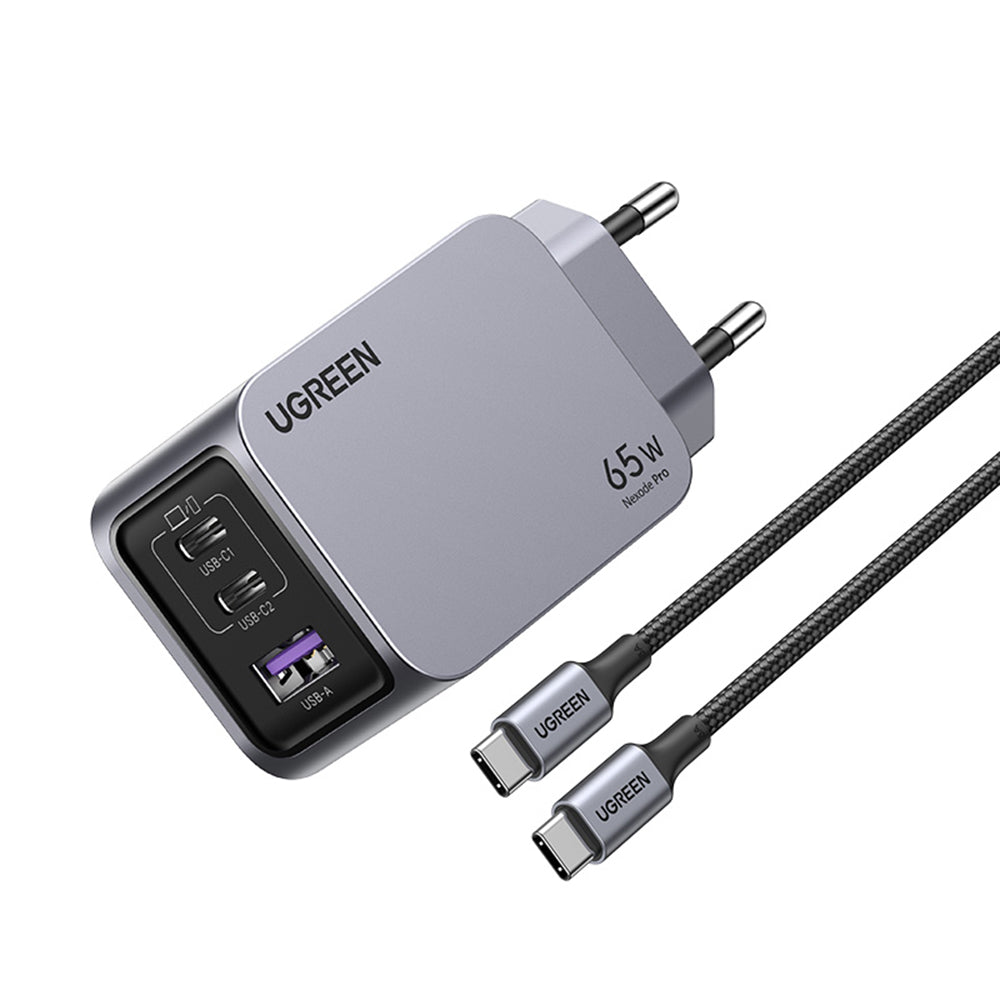 Punjač za mrežu sa USB-C kablom UGREEN X755 Nexode Pro, 65W, 3A, 1 x USB-A - 2 x USB-C, Sivi