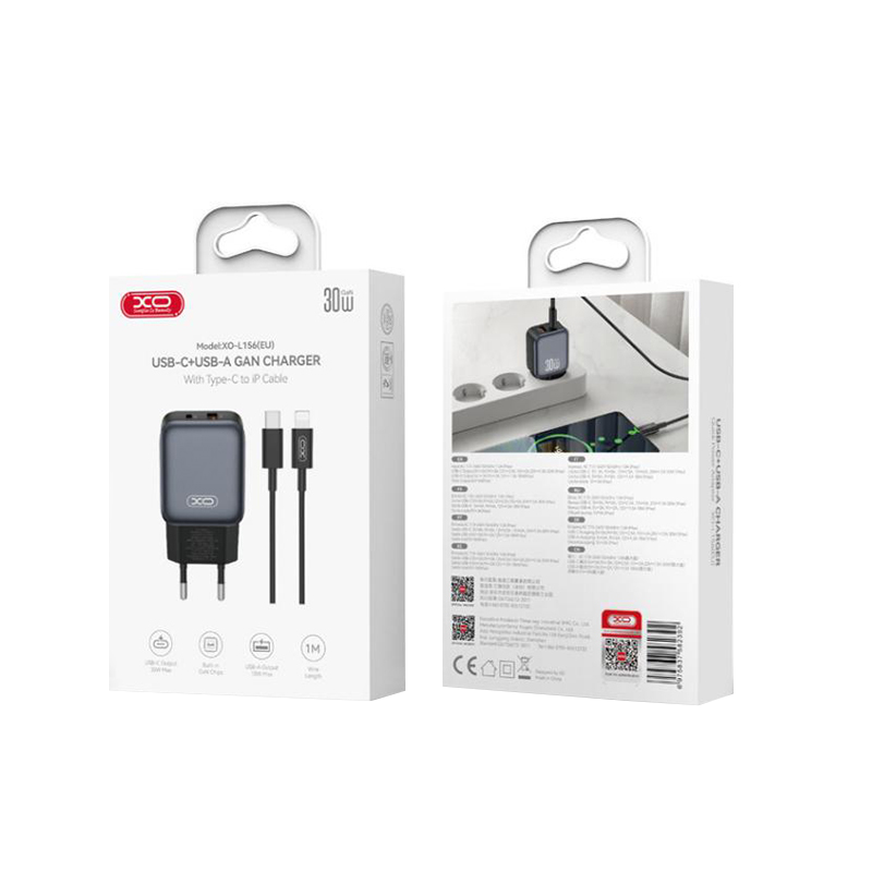 Punjač za mrežu sa Lightning kablom XO Design L156, 30W, 3A, 1 x USB-A - 1 x USB-C, Crni