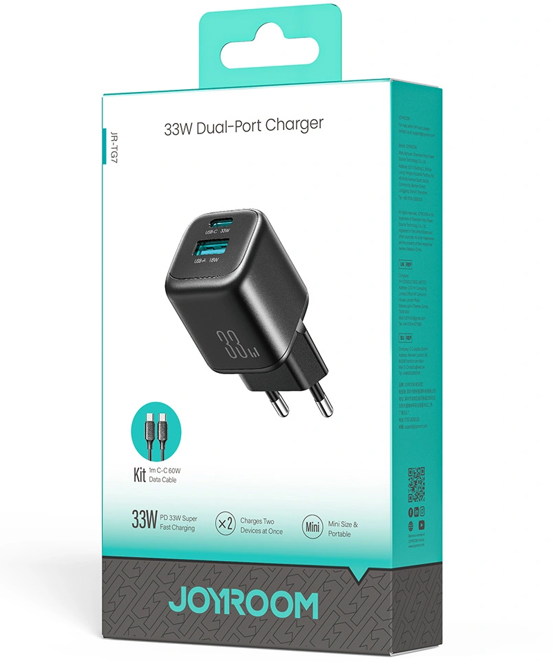 Punjač za mrežu sa USB-C kablom Joyroom JR-TG7, 33W, 3A, 1 x USB-A - 1 x USB-C, Crna