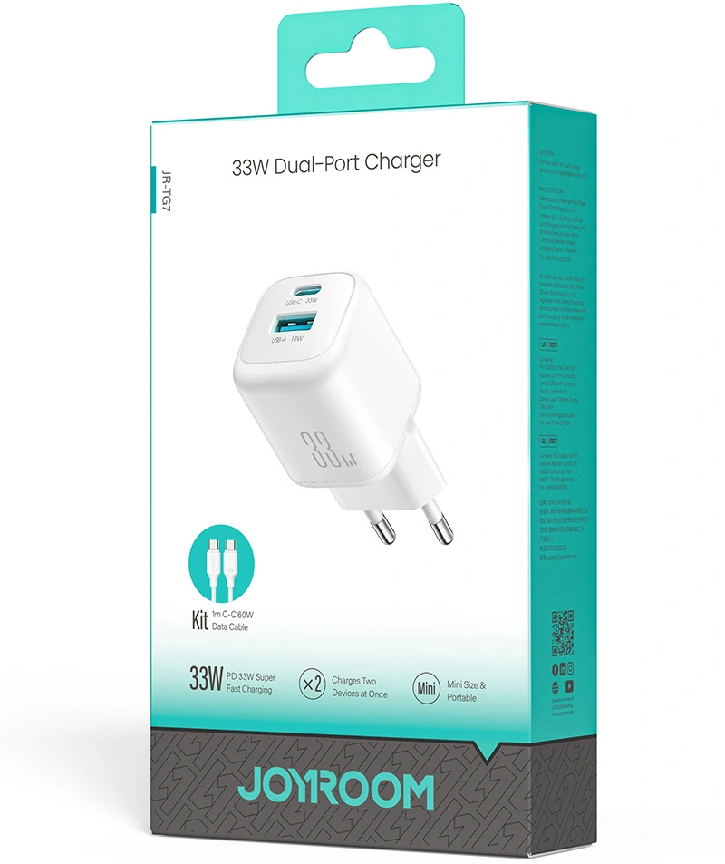 Punjač za mrežu sa USB-C kablom Joyroom JR-TG7, 33W, 3A, 1 x USB-A - 1 x USB-C, Bela