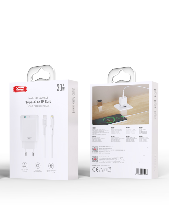 Punjač za mrežu sa Lightning kablom XO Design CE30, 30W, 3A, 1 x USB-A - 1 x USB-C, Beli