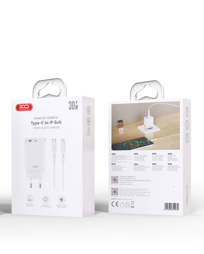 Punjač za mrežu sa Lightning kablom XO Design CE30, 30W, 3A, 1 x USB-A - 1 x USB-C, Beli