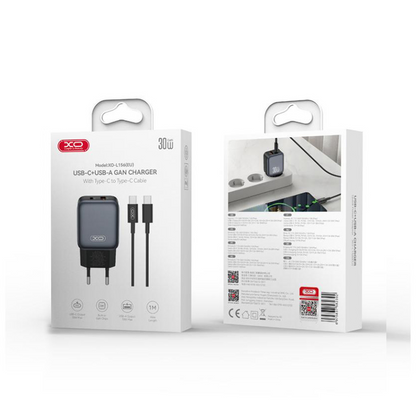 Punjač za mrežu sa USB-C kablom XO Design L156, 30W, 3A, 1 x USB-A - 1 x USB-C, Crni