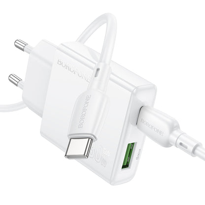 Punjač za mrežu sa USB-C kablom Borofone BN25 Wish, 30W, 3A, 1 x USB-A - 1 x USB-C, Beli
