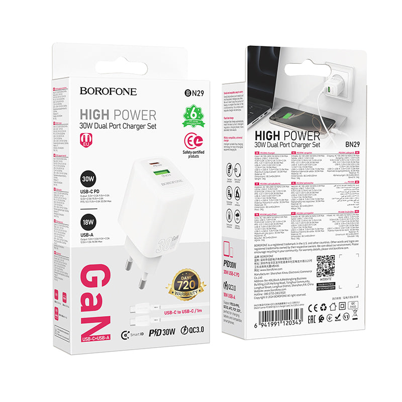 Punjač za mrežu sa USB-C kablom Borofone BN29 Fuente, 30W, 3A, 1 x USB-A - 1 x USB-C, Beli