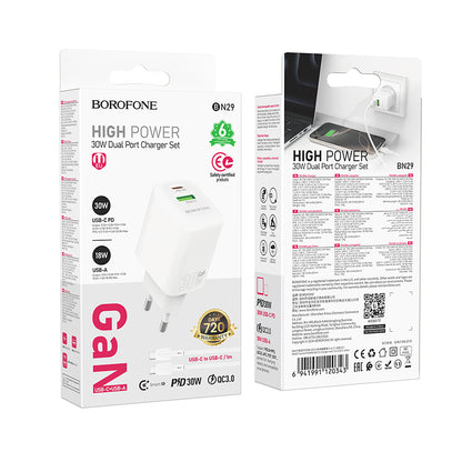 Punjač za mrežu sa USB-C kablom Borofone BN29 Fuente, 30W, 3A, 1 x USB-A - 1 x USB-C, Beli
