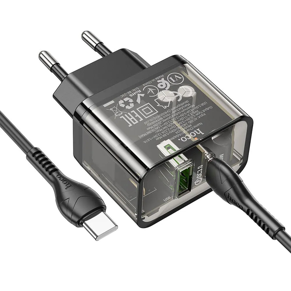 Punjač za mrežu sa USB-C kablom HOCO N34, 20W, 3A, 1 x USB-A - 1 x USB-C, Transparentan