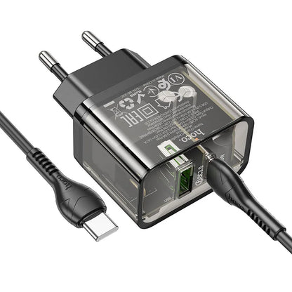 Punjač za mrežu sa USB-C kablom HOCO N34, 20W, 3A, 1 x USB-A - 1 x USB-C, Transparentan