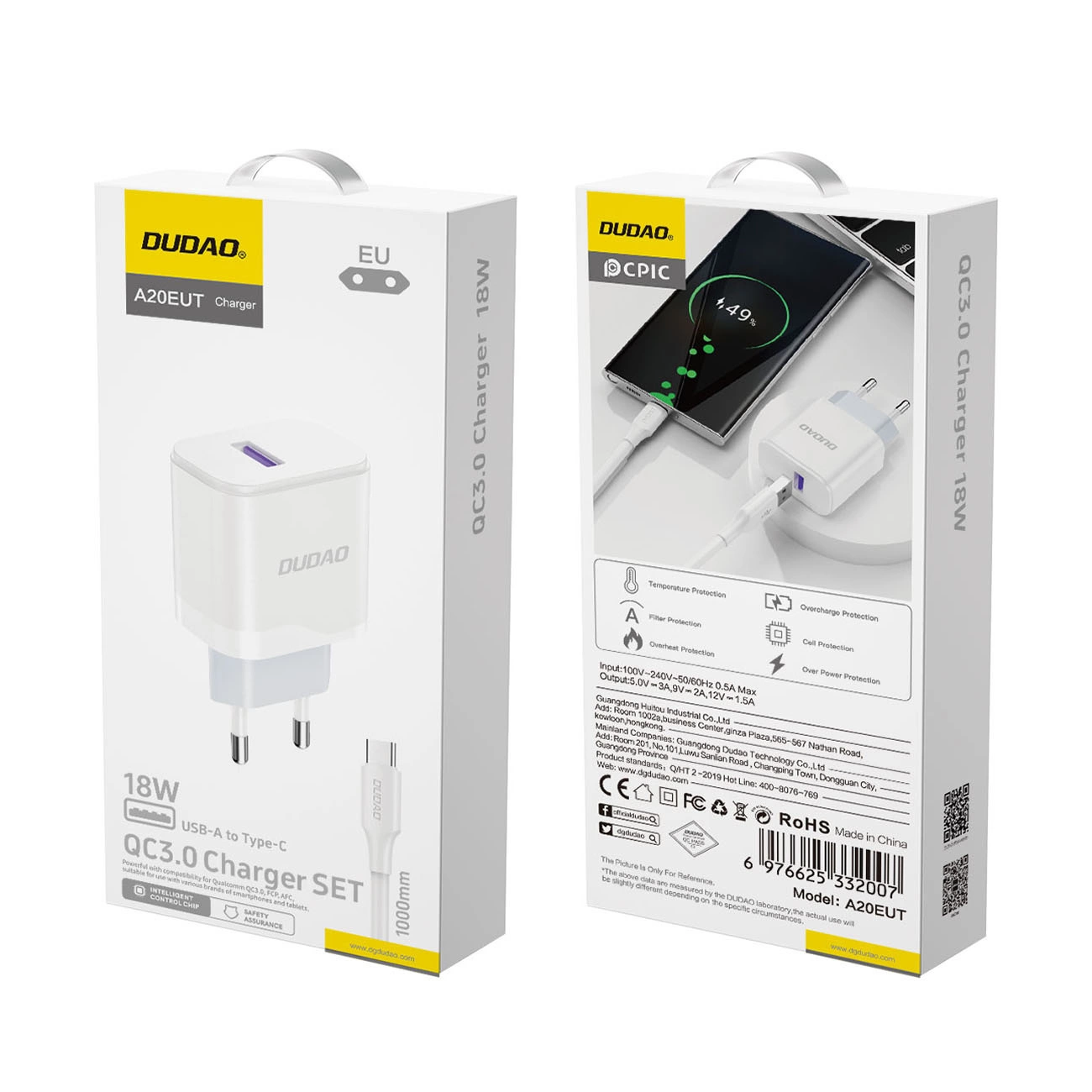 Punjač za mrežu sa USB-C kablom Dudao A20EU, 18W, 3A, 1 x USB-A, Bel