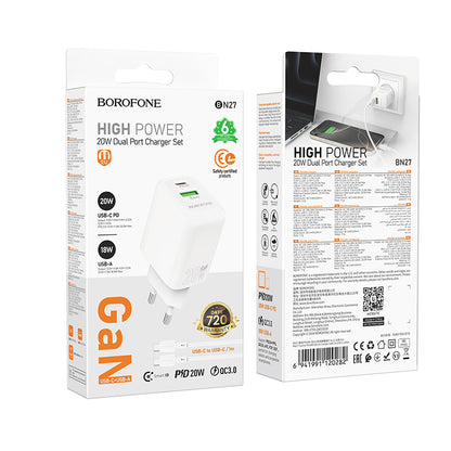 Punjač za mrežu sa USB-C kablom Borofone BN27 Fuente, 20W, 3A, 1 x USB-A - 1 x USB-C, Beli