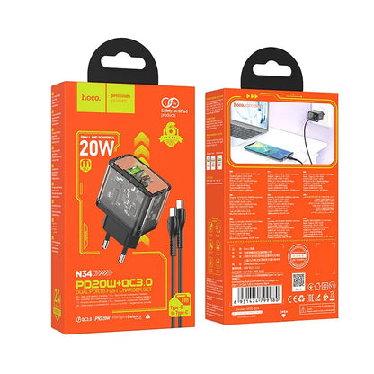Punjač za mrežu sa USB-C kablom HOCO N34, 20W, 3A, 1 x USB-A - 1 x USB-C, Transparentan