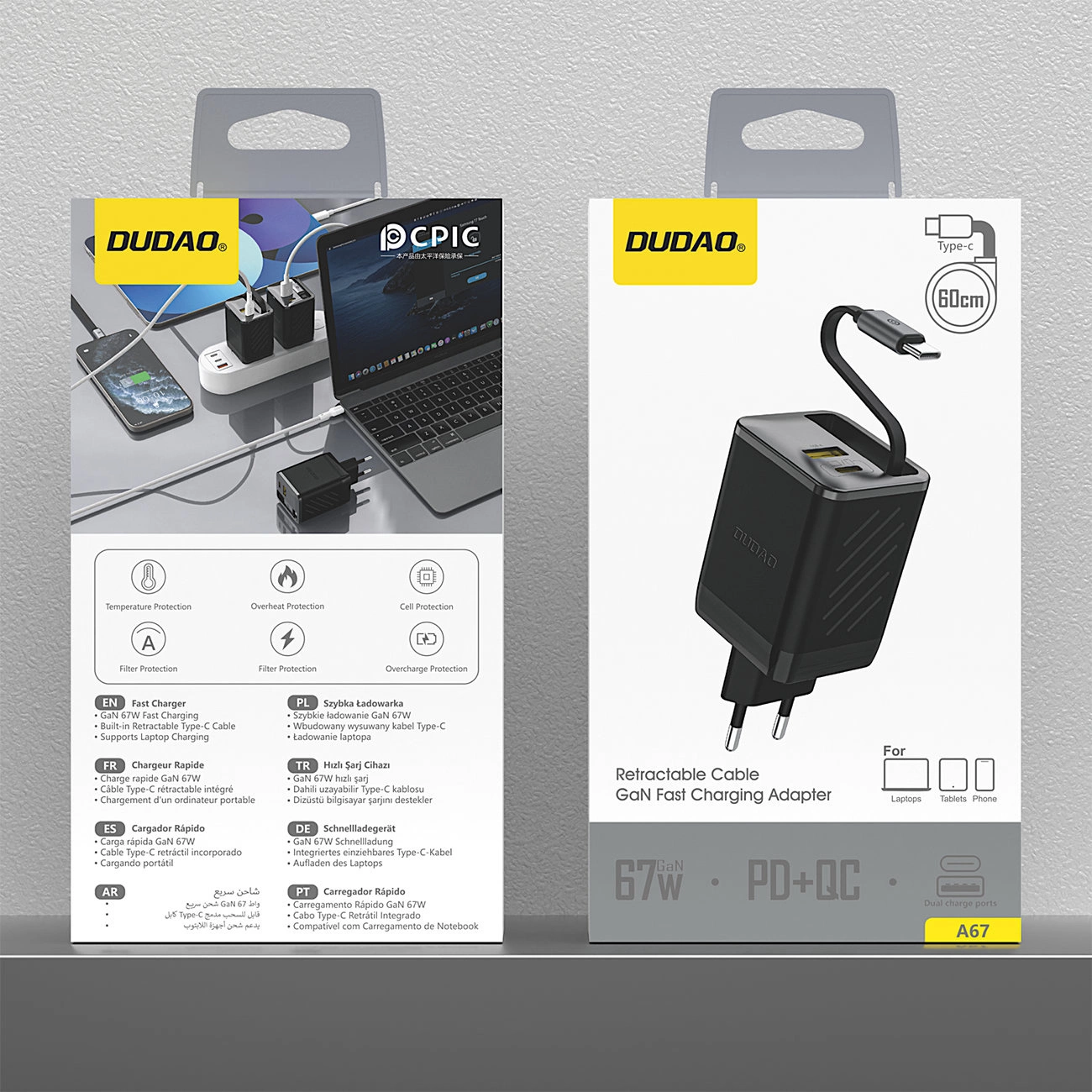 Punjač za mrežu sa USB-C kablom Dudao A67EU, 67W, 3.35A, 1 x USB-A - 1 x USB-C, Crni