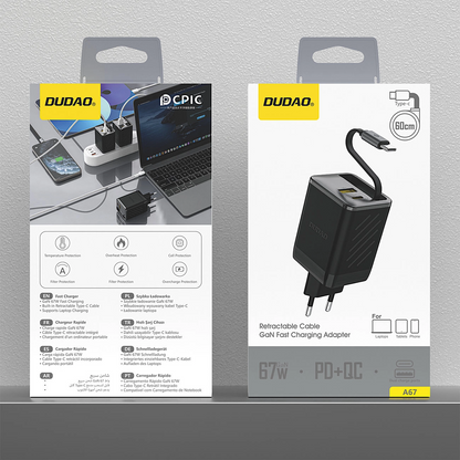 Punjač za mrežu sa USB-C kablom Dudao A67EU, 67W, 3.35A, 1 x USB-A - 1 x USB-C, Crni