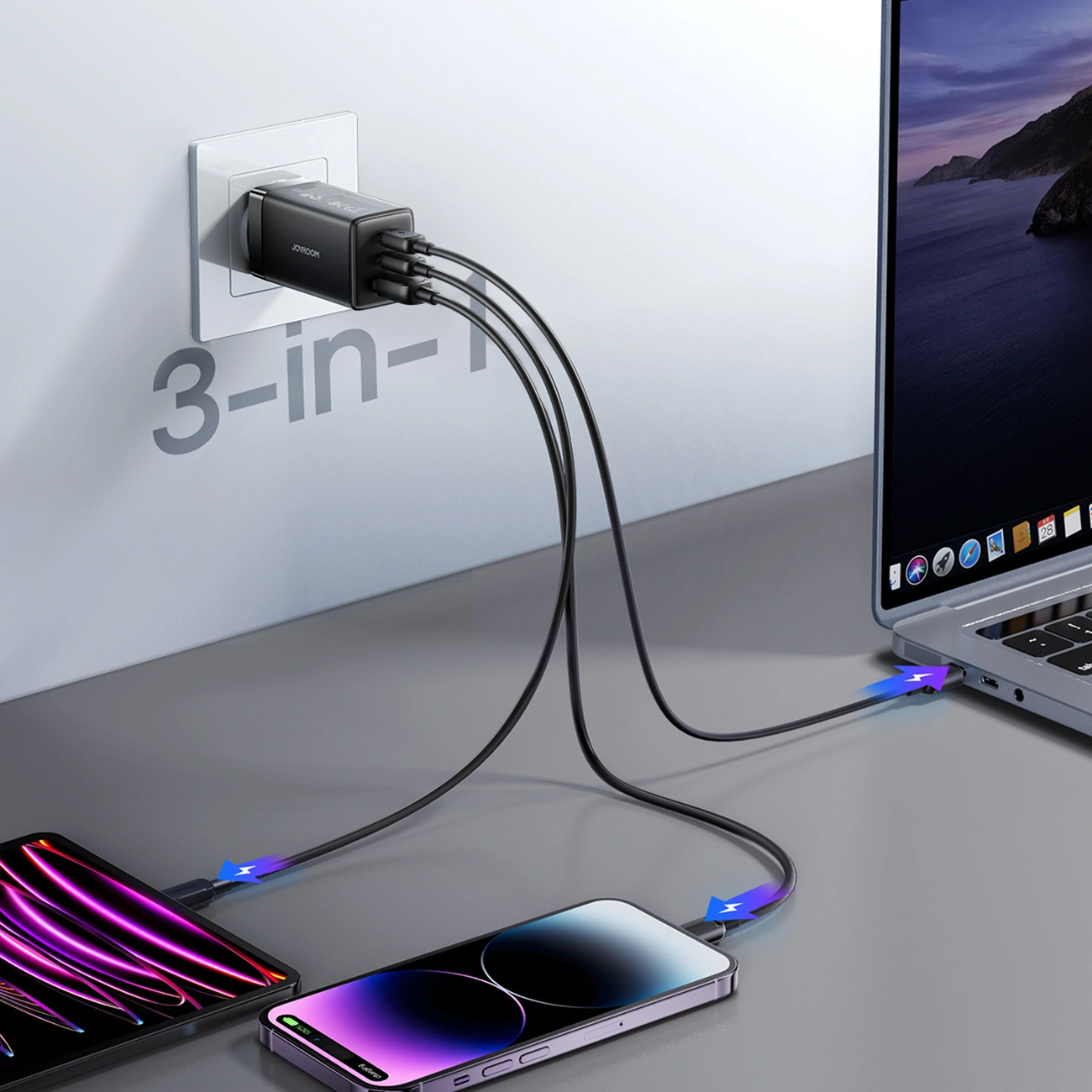 Punjač za mrežu sa USB-C kablom Joyroom JR-TG10, 65W, 3.25A, 1 x USB-A - 2 x USB-C, Crna