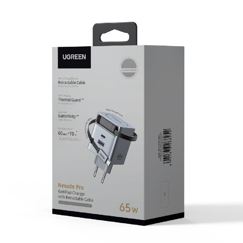 Punjač za mrežu sa USB-C kablom UGREEN X615, 65W, 3A, 1 x USB-A - 1 x USB-C, Sivi