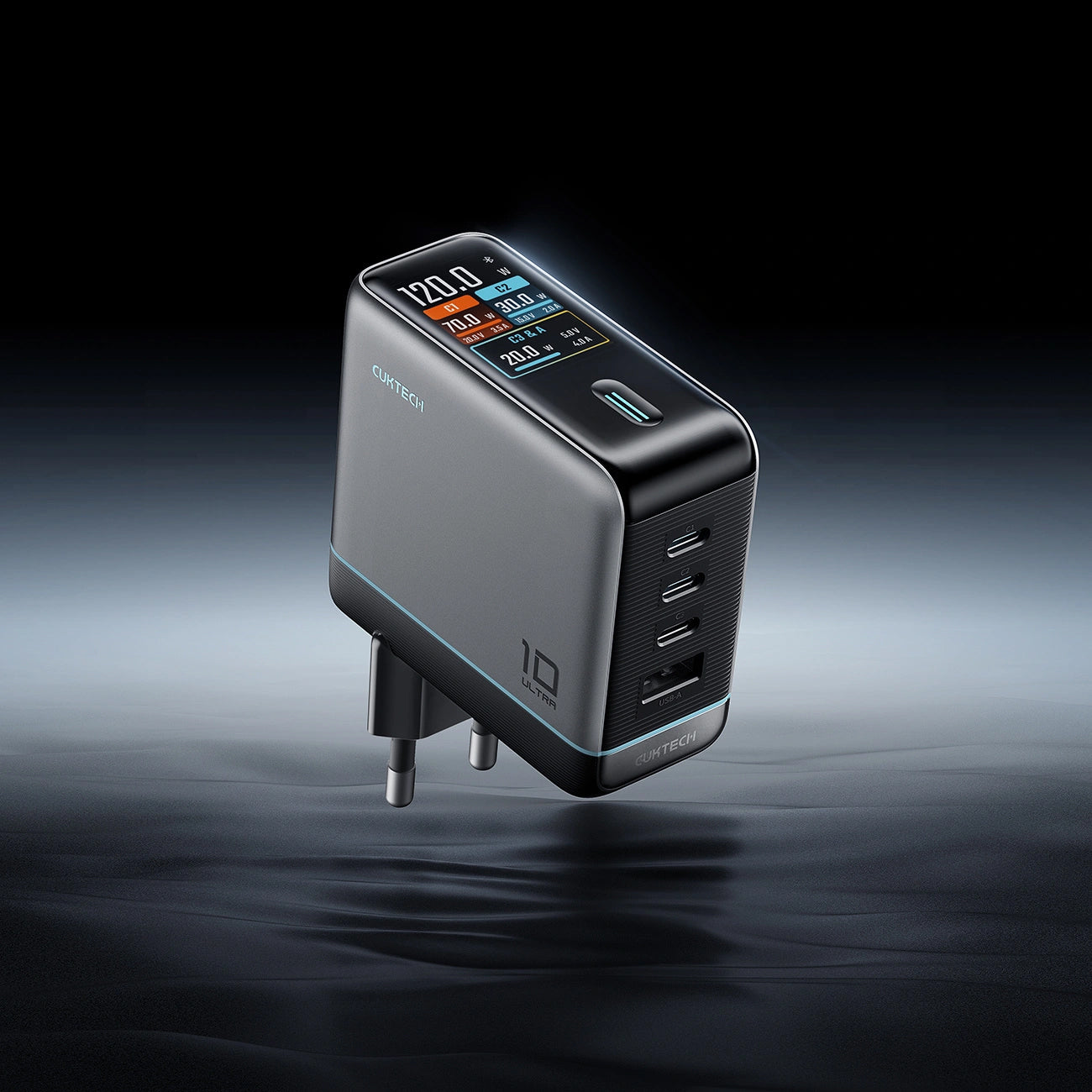 Punjač za mrežu sa USB-C kablom Cuktech AD1204U Display, 120W, 6A, 1 x USB-A - 2 x USB-C, Srebrni