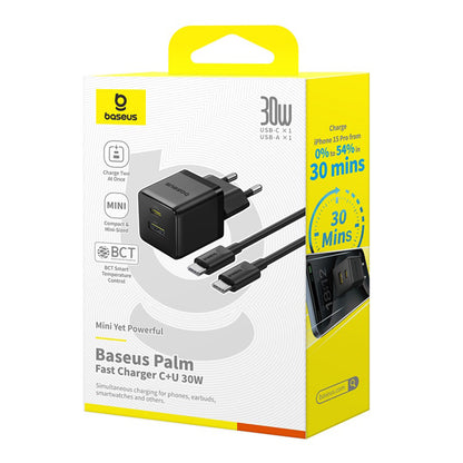 Mrežni punjač sa USB-C kablom Baseus Palm, 30W, 3A, 1 x USB-A - 1 x USB-C, Crni P1011160A113-01