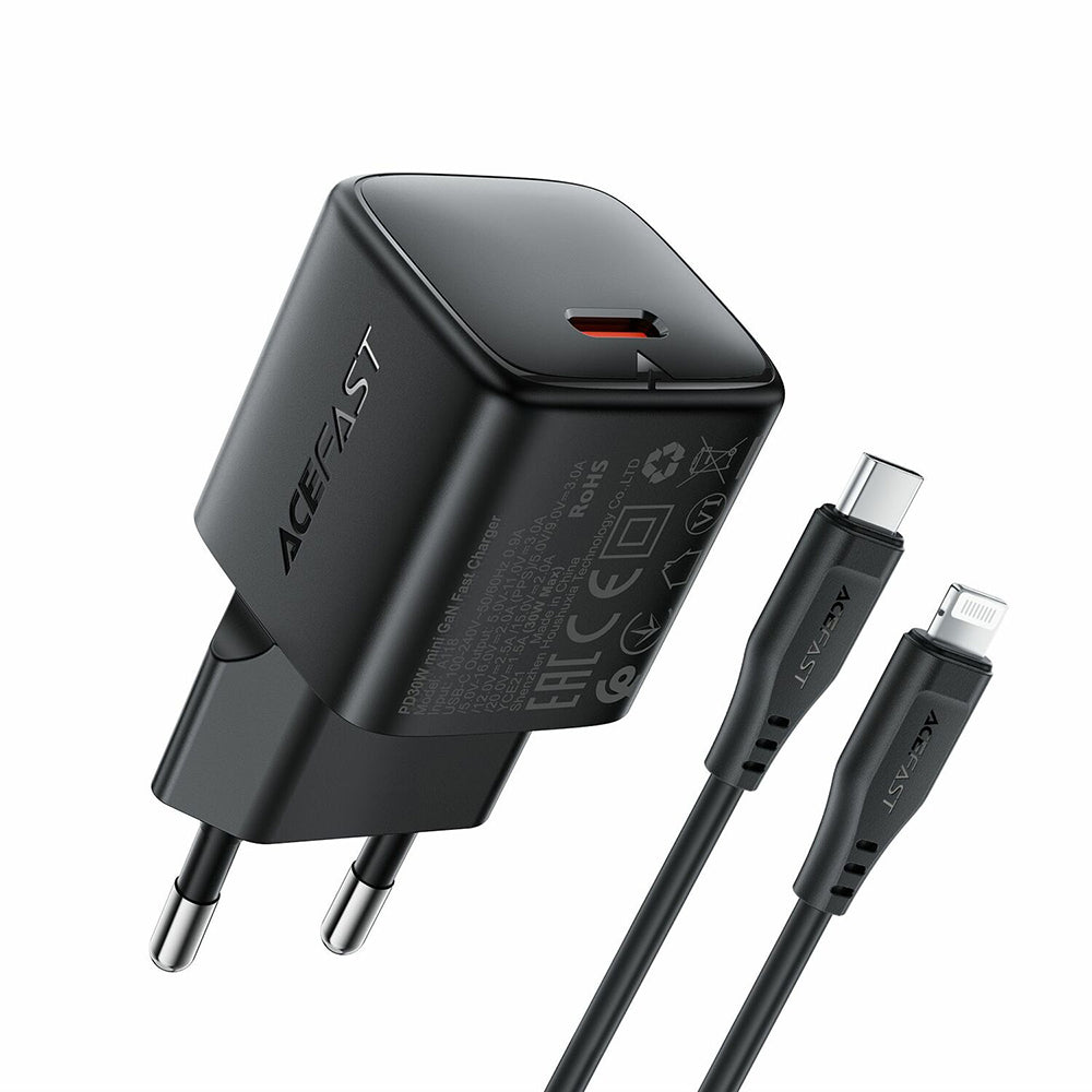 Punjač za mrežu sa Lightning kablom Acefast A118, 30W, 3A, 1 x USB-C, Crni