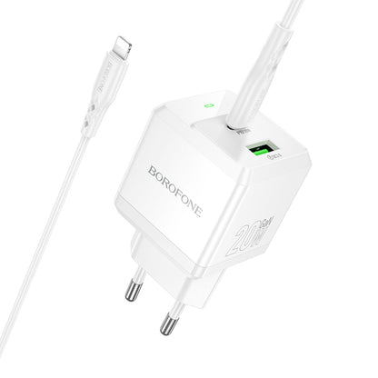 Punjač za mrežu sa Lightning kablom Borofone BN19 Intenso, 20W, 3A, 1 x USB-A - 1 x USB-C, Beli