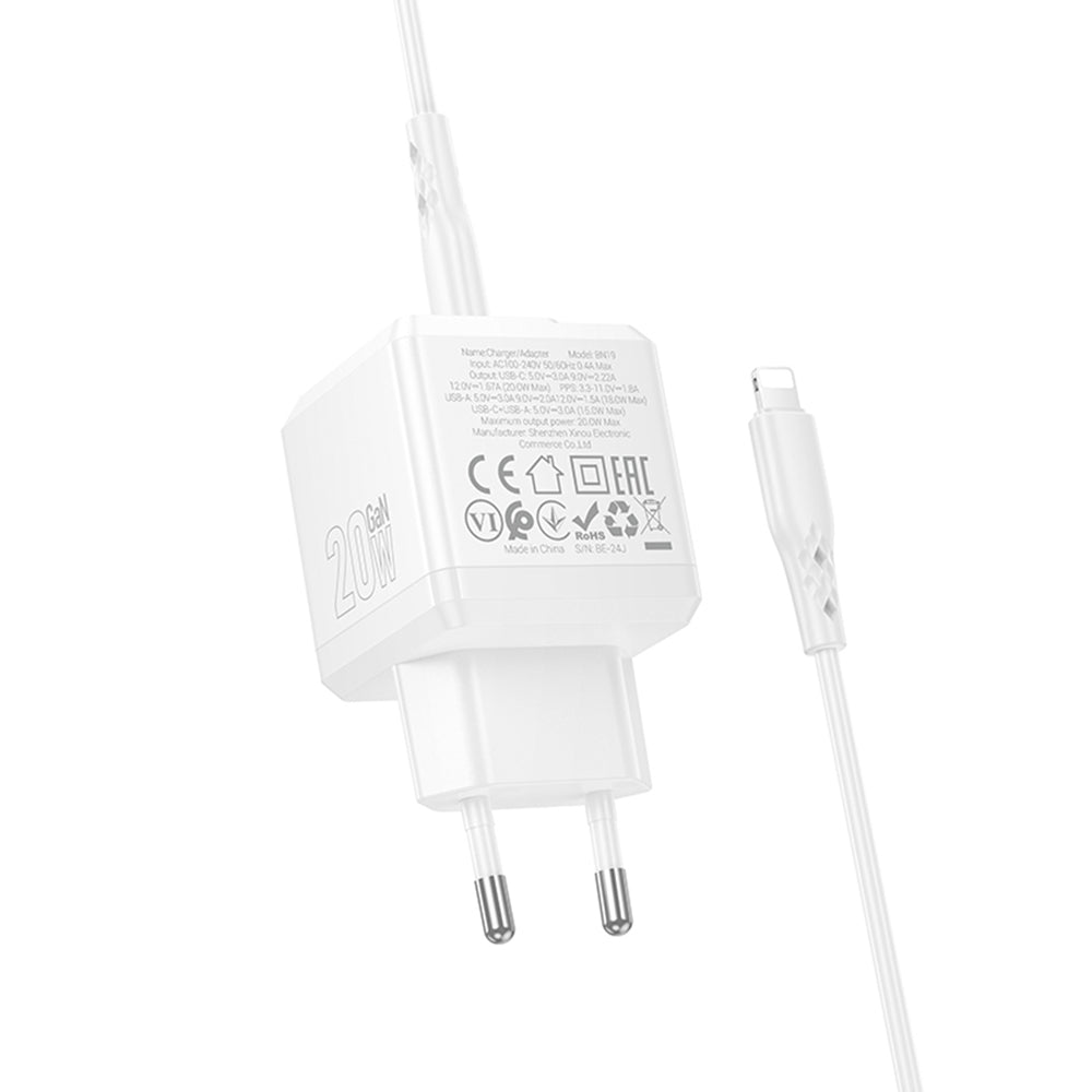 Punjač za mrežu sa Lightning kablom Borofone BN19 Intenso, 20W, 3A, 1 x USB-A - 1 x USB-C, Beli