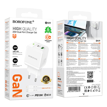 Punjač za mrežu sa Lightning kablom Borofone BN19 Intenso, 20W, 3A, 1 x USB-A - 1 x USB-C, Beli