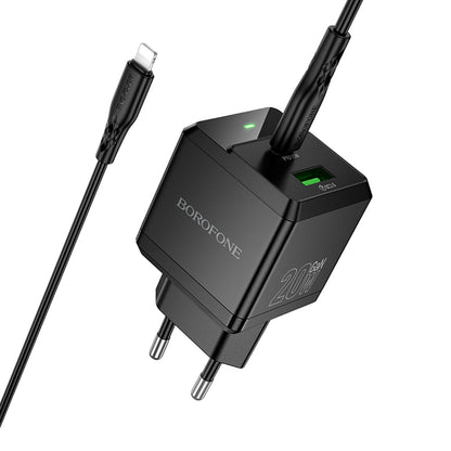 Punjač za mrežu sa Lightning kablom Borofone BN19 Intenso, 20W, 3A, 1 x USB-A - 1 x USB-C, Crni