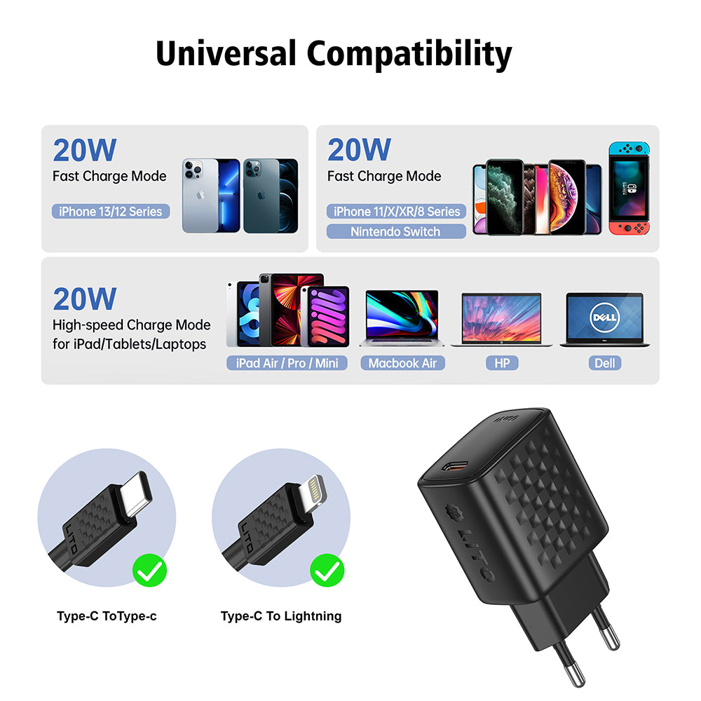 Punjač za mrežu sa Lightning kablom Lito LC13L, 20W, 3A, 1 x USB-C, Crni