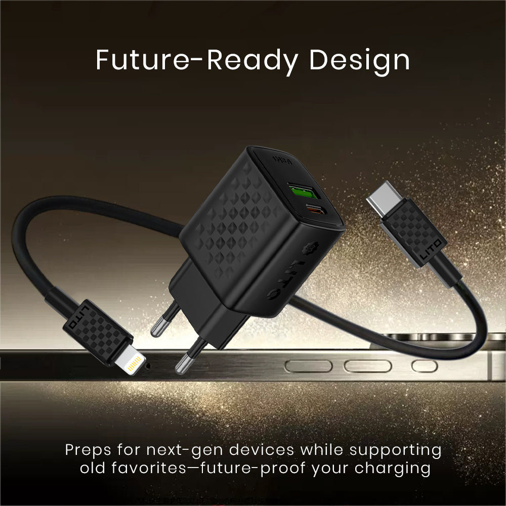 Punjač za mrežu sa Lightning kablom Lito LC15L, 20W, 3A, 1 x USB-A - 1 x USB-C, Crni