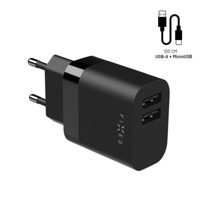 Punjač mreže sa microUSB kablom Fixed, 17W, 3A, 2 x USB-A, Crni
