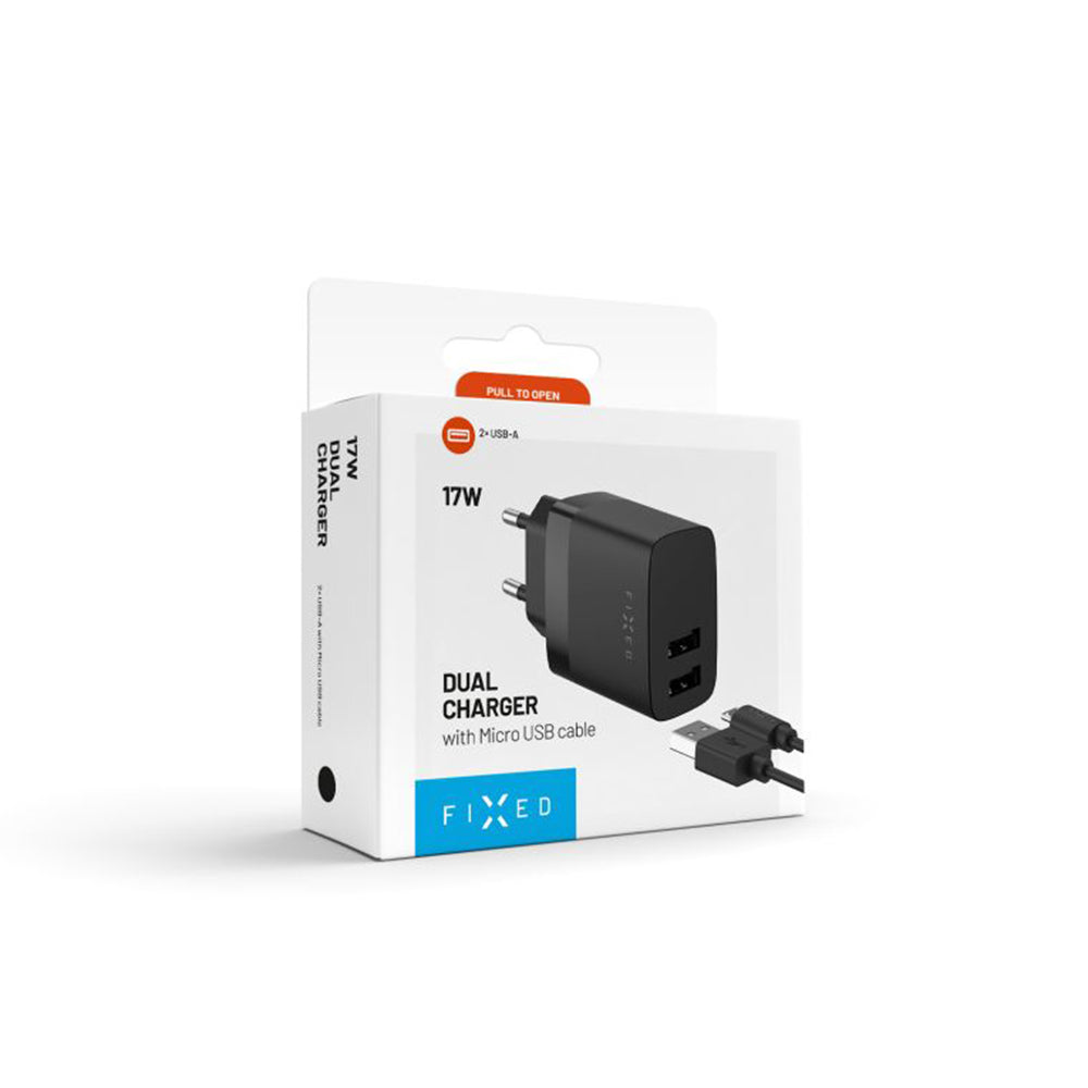 Punjač mreže sa microUSB kablom Fixed, 17W, 3A, 2 x USB-A, Crni