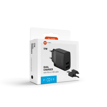 Punjač mreže sa microUSB kablom Fixed, 17W, 3A, 2 x USB-A, Crni