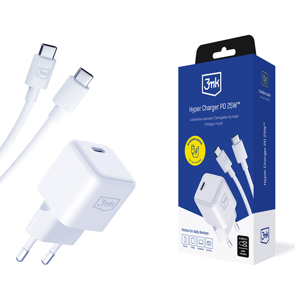 Punjač mreže sa USB-C kablom 3MK Hyper, 25W, 3A, 1 x USB-C, Beli