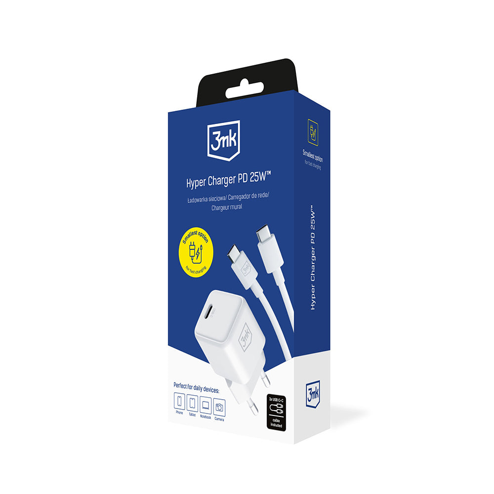 Punjač mreže sa USB-C kablom 3MK Hyper, 25W, 3A, 1 x USB-C, Beli