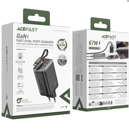 Punjač za mrežu sa USB-C kablom Acefast A111, 67W, 3A, 1 x USB-A - 1 x USB-C, Crni