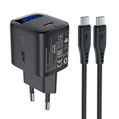 Punjač mreže sa USB-C kablom Acefast A113 Display, 20W, 3A, 1 x USB-C, Crni