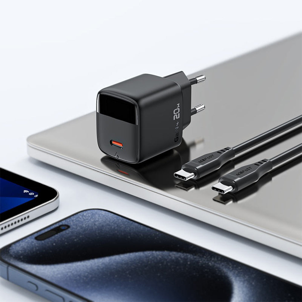 Punjač mreže sa USB-C kablom Acefast A113 Display, 20W, 3A, 1 x USB-C, Crni