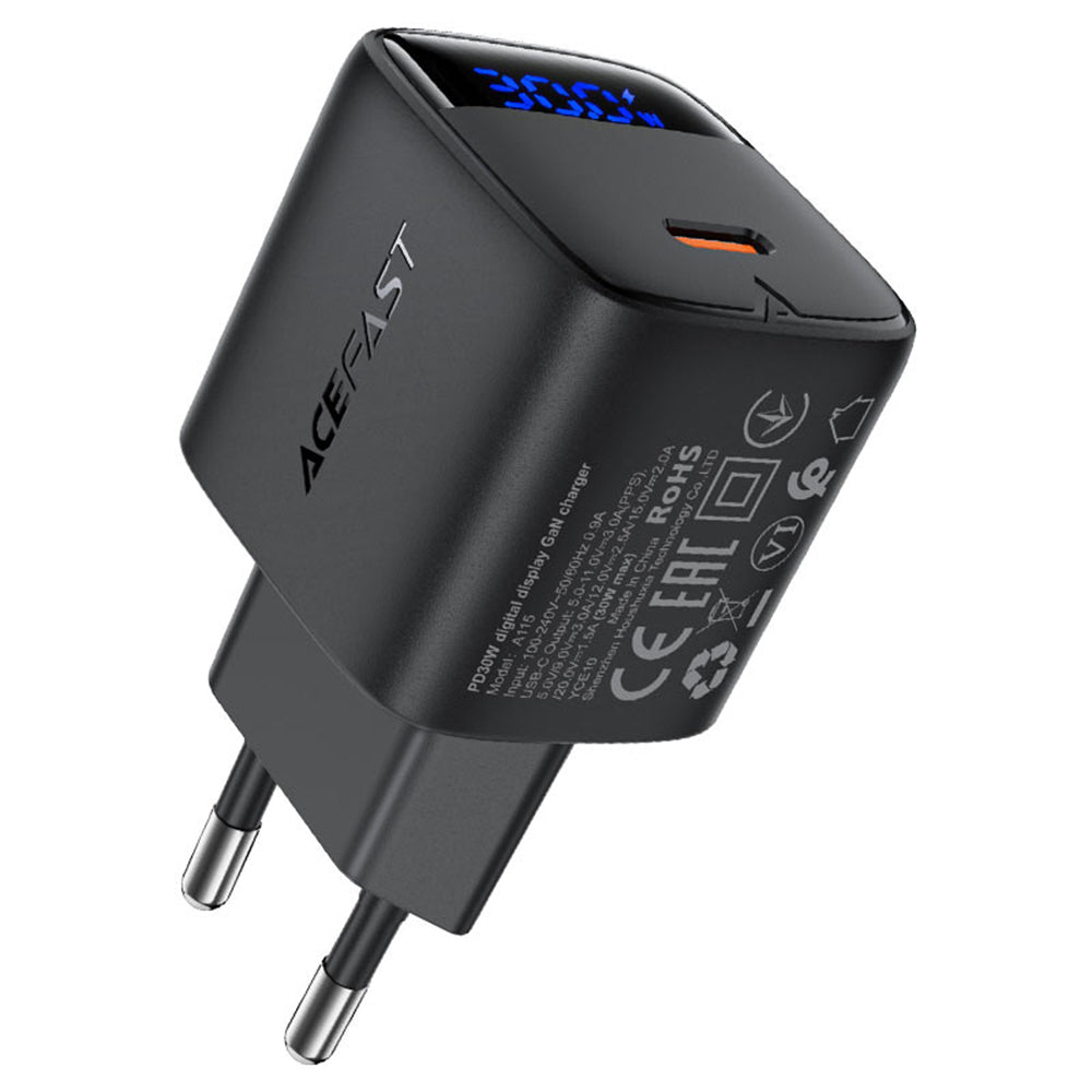 Punjač mreže sa USB-C kablom Acefast A115 Display, 30W, 3A, 1 x USB-C, Crni