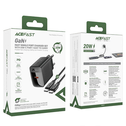 Punjač za mrežu sa USB-C kablom Acefast A82, 20W, 3A, 1 x USB-C, Crni
