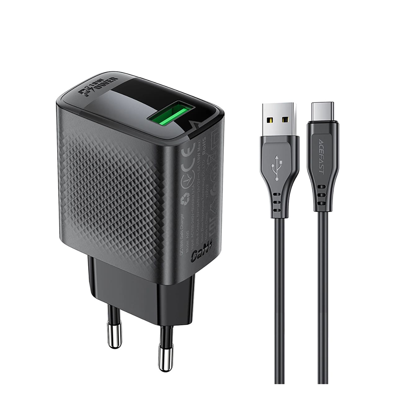 Punjač mreže sa USB-C kablom Acefast A90, 18W, 3A, 1 x USB-A, Crni