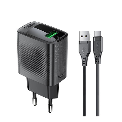 Punjač mreže sa USB-C kablom Acefast A90, 18W, 3A, 1 x USB-A, Crni