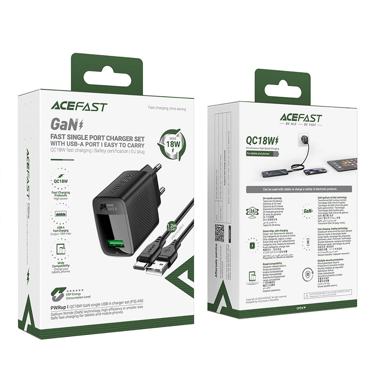 Punjač mreže sa USB-C kablom Acefast A90, 18W, 3A, 1 x USB-A, Crni