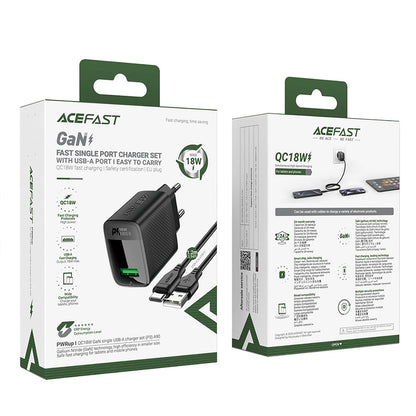 Punjač mreže sa USB-C kablom Acefast A90, 18W, 3A, 1 x USB-A, Crni