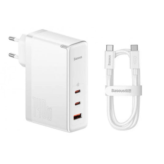 Punjač mreže sa USB-C kablom Baseus GaN5 Pro, 140W, 5A, 1 x USB-A - 2 x USB-C, Beli CCGP100202
