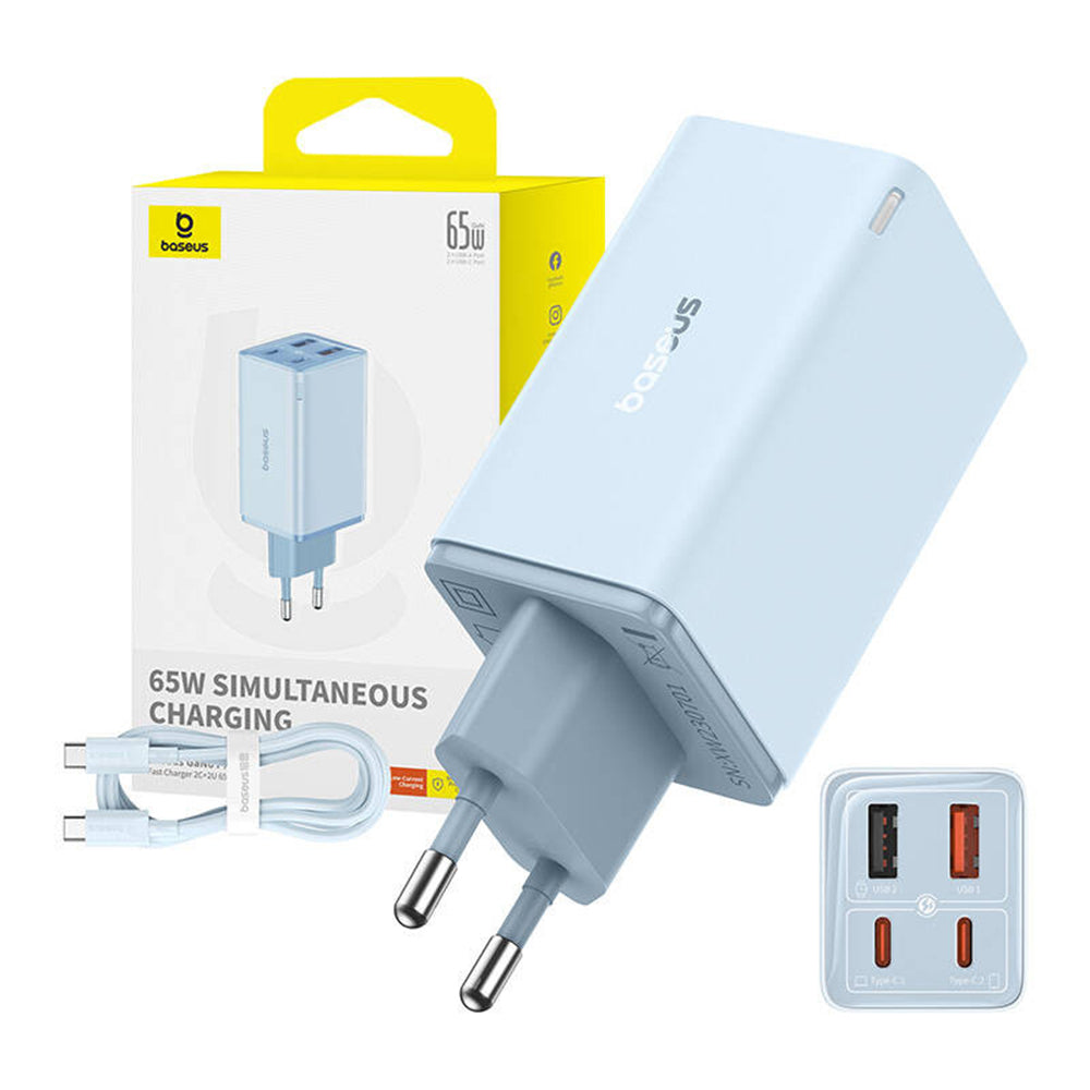 Punjač za mrežu sa USB-C kablom Baseus GaN6 Pro, 65W, 3.25A, 2 x USB-A - 2 x USB-C, Plavi E0121D00